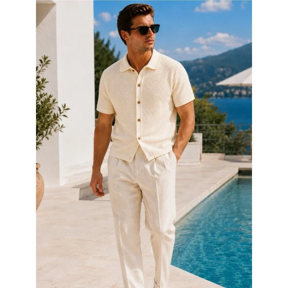 J Crew Polo Cardigan Mens L Cream Short Sleeve Cotton Waffle Knit Preppy CQ900
